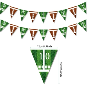 American football themed party bunting with green field flags and brown football banners