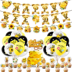Bee theme birthday party set including banners, yellow balloons, and sunflower cake toppers