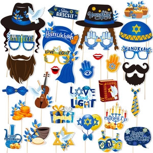 Accessoires de Cabine Photo Hanukkah Ménorah Étoile de David Décorations de Fête Juive Bleu Or Accessoires Selfie