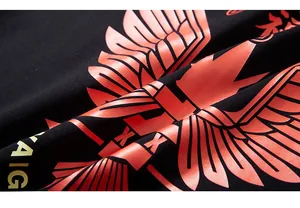 Detail-Makroaufnahme vom orangefarbenen Adlerflügel-Druck und AIG-Schriftzug auf T-Shirt