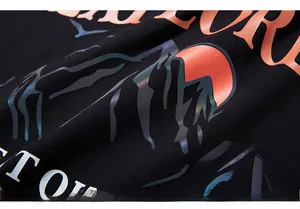 Macro detail of high-quality mountain print on black cotton fabric with matte finish