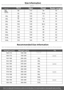 Size chart for oversized embroidered shorts from XL to 12XL for 80kg to 200kg weights