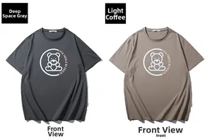 Detail of dark gray and light khaki t-shirts showing bear print and cotton texture
