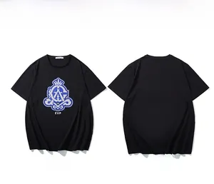 Close-up of black cotton T-shirt featuring blue crown logo and white EVP lettering detail