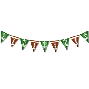 Detail of football party bunting banner with grass yardage and brown leather flags
