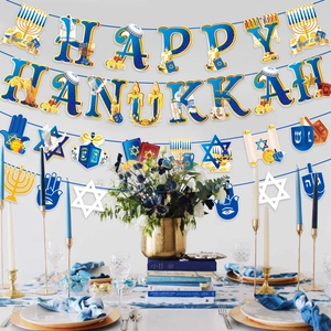 Hanukkah party banner with Menorah and Star of David icons over a festive table