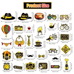 Size chart showing dimensions for 30 retirement party photo booth props and masks