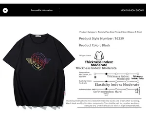 Détail d'un t-shirt noir en coton grande taille avec imprimé USA coloré et info de tissu