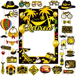 Retirement Party Photo Booth Props Black Gold Happy Retirement Decorations Funny Handheld Cards And Frame For Event Decor