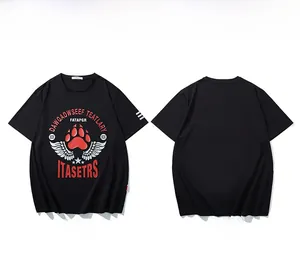 Detailed front and back views of black crew neck T-shirt with red claw and wing print