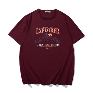 Burgundy men's oversized cotton T-shirt featuring a Mountain Explorer graphic print