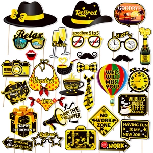 25-piece black and gold retirement party photo booth props with funny signs and glasses