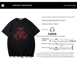 Detail view of T6237 black cotton t-shirt with dragon print and fabric composition data