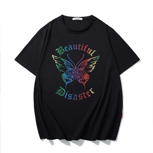 T-Shirt Homme Streetwear Grande Taille en Coton Imprimé Papillon Multicolore Paillettes Coupe Large Manches Courtes Été