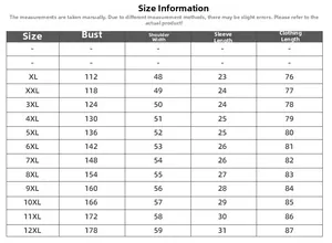 Size information chart for men's oversized t-shirt ranging from size XL to 12XL