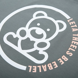 Dark grey green oversized cotton T-shirt featuring a cartoon bear and heart graphic print