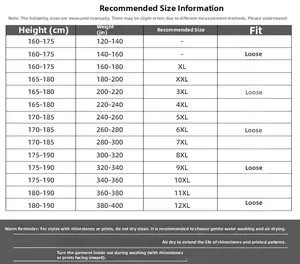 Size chart for dragon embroidery T-shirt, covering weights from XL up to 12XL plus size