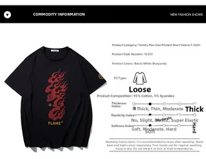 Detail view of flame graphic street wear T-shirt with fabric composition and size specs