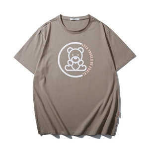 Brown loose fit cotton T-shirt featuring a white round bear print and ribbed crew neck