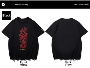 Detailed front and back view of oversized black cotton T-shirt with flame graphic and text