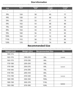 Detailed size chart for oversized men hoodie from 3XL to 12XL showing measurements
