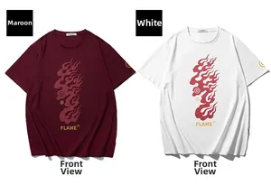 Detailed front view of oversized cotton t-shirts in burgundy and white with flame graphics