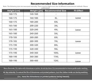 Size information chart for big and tall t-shirts with weight range up to 12XL fitting