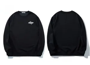 Front and back flat lay of black crewneck sweatshirt with white HIPHOP print details