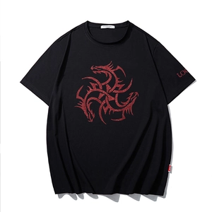 Men Plus Size Cotton Blend Dragon Print Glitter Graphic Tee Oversized Short Sleeve Summer Casual Streetwear Black T-Shirt