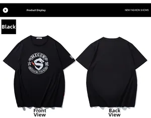 Detail of black graphic T-shirt showing dragon badge print and sleeve character