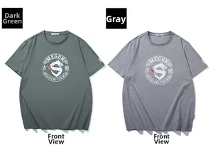 Detail showing two crewneck t-shirts with dragon graphics in dark green and grey colors