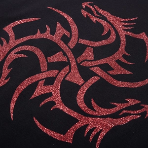 Oversized black T-shirt with a detailed red glitter dragon print in a tribal art style