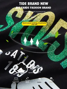 Macro detail of breathable cotton fabric with glitter logo print and fabric composition