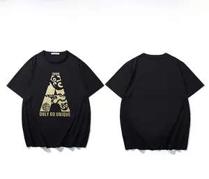 Front and back view of black cotton T-shirt with golden A and 2099 graphic print