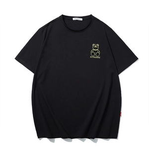 Men Plus Size Cotton T-Shirt Trendy Cartoon Bear Embroidery Rhinestone Round Neck Loose Short Sleeve Summer Tee Top