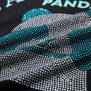 Oversized black T-shirt featuring a panda design with rhinestones and blue PANDA text
