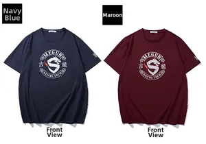 Detail of round graphic logos with dragon motif on navy and burgundy cotton t-shirts
