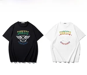 Close-up of loose cotton t-shirts with colorful gradient nautical anchor print details