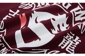 Macro view of screen-printed dragon graphic and stylized lettering on dark red cotton fabric