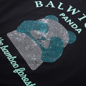 Oversized black cotton T-shirt featuring a luxury rhinestone panda print with BALWIC text