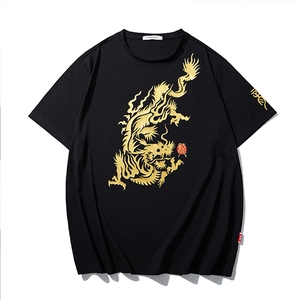 Maglietta da Uomo Taglie Forti in Cotone con Stampa Dragone Oro Estate Casual Stile Cinese Manica Corta Vintage Streetwear Top