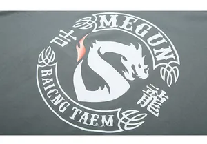 Detailed close-up of dragon graphic print and white lettering on dark cotton t-shirt