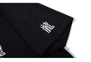 Macro shot of cotton T-shirt sleeve with white traditional Chinese dragon print