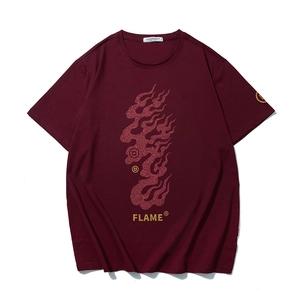 Men's loose fit dark red T-shirt with pink flame print and gold FLAME letter logo