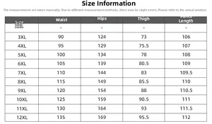 Detaillierte Größentabelle für Herren-Sporthosen in Übergrößen von 3XL bis 12XL Maßen