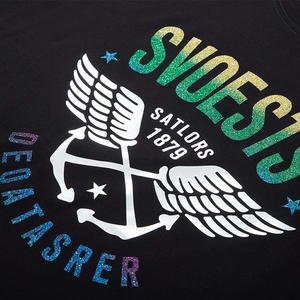 Black T-shirt with glitter graphic print featuring SVOESIS and anchor designs