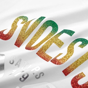 White cotton t-shirt featuring glitter rainbow letters and silver reflective print details