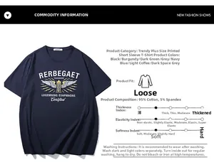Detail view of navy cotton T-shirt with RERBEGAET graphic print and fabric specifications