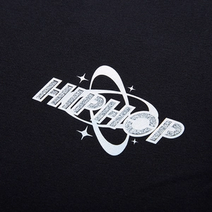 Oversized black hoodie for men featuring silver glitter HIPHOP print and star motifs