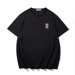 Plus Size Men Cotton T-Shirt Loose Fit Cartoon Bear Embroidery Rhinestone Casual Short Sleeve Round Neck Black Streetwear Tee